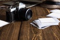 Vintage photo camera. Blank photo frames.