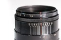 Vintage photo camera lens close up showing aperture and distance scale Royalty Free Stock Photo
