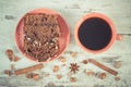 Vintage photo, Black coffee, dark cake with chocolate, cocoa and plum jam, delicious dessert Royalty Free Stock Photo