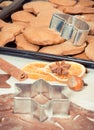 Vintage photo, Dough and accessories for baking gingerbread and fresh baked cookies for Christmas time Royalty Free Stock Photo