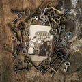 Vintage photo family portrait house Old keys