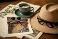 Vintage photo, fragrant coffee and women\'s accessories. Hat and glasses, good morning at the cafe. Planning, AI generated