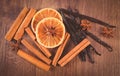 Vintage photo. Fragrant vanilla, cinnamon, star anise and dried orange Royalty Free Stock Photo