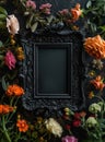 Vintage photo frame and flowers on a black textured background. Place for your text Royalty Free Stock Photo