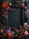 Vintage photo frame and flowers on a black textured background. Place for your text Royalty Free Stock Photo