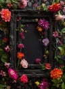 Vintage photo frame and flowers on a black textured background. Place for your text Royalty Free Stock Photo