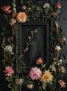 Vintage photo frame and flowers on a black textured background. Place for your text Royalty Free Stock Photo