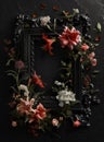 Vintage photo frame and flowers on a black textured background. Place for your text Royalty Free Stock Photo