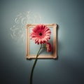 Vintage photo frame with gerbera flower on blue background.