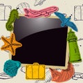 Vintage photo frame with sea vacation elements. Royalty Free Stock Photo