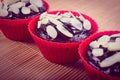 Vintage photo, Fresh baked chocolate muffins with sliced almonds Royalty Free Stock Photo