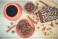 Vintage photo, Dark cake with chocolate, cocoa and plum jam, cup of coffee, delicious dessert Royalty Free Stock Photo