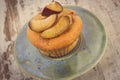 Vintage Photo, Fresh Baked Muffins With Plums On Plate On Old Wooden Background, Delicious Dessert