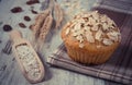 Vintage photo, Fresh muffin with oatmeal, rye flour and ears of rye grain, delicious healthy dessert Royalty Free Stock Photo