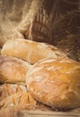 Vintage photo, Freshly baked traditional loaves of rye bread on stall