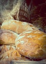 Vintage photo, Freshly baked traditional loaves of rye bread on stall