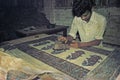 Vintage 1978 Photo Man working on Wooden Hand block printing. on Kosa or Tussar silk