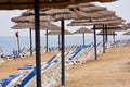 Vintage photo. May 2011. Dead Sea. Jordan hotel Movenpick Resort and SPA Dead Sea 5 * on Dead Sea. Sun loungers and sun