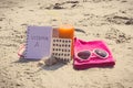 Vintage photo, Medical pills, carrot juice and accessories for sunbathing, vitamin A and beautiful, lasting tan Royalty Free Stock Photo