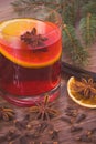 Vintage photo, Mulled wine for christmas or winter evening with spices and spruce branches Royalty Free Stock Photo