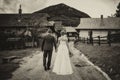 Vintage photo of newlywed couple walking into the rural country Royalty Free Stock Photo