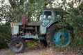 Vintage photo - an old blue tractor standing under a green branching tree