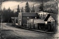 Vintage Photo of old western buildings in St. Elmo Old Western Ghost Town in the middle of mountains