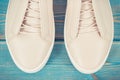 Vintage photo, Pair of leather shoes for woman on old boards