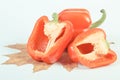 Vintage photo, Red peppers with autumnal leaf on white background, healthy nutrition and autumn concept Royalty Free Stock Photo