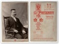 Vintage photo shows man sits on a chair. Front and back of vintage photo