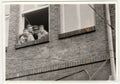 Vintage photo shows soldiers pose in barracks window. Black and white antique photography.