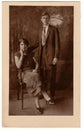 Vintage photo shows a young couple. Retro black and white studio photography. Vintage photo shows the road in the Royalty Free Stock Photo