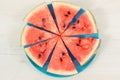 Vintage photo, Slice of watermelon on blue plate, concept of healthy delicious dessert Royalty Free Stock Photo