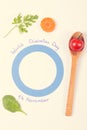 Vintage photo, Vegetables and blue circle as symbol of world diabetes day on white background Royalty Free Stock Photo