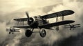 Vintage photo of war squadron fighter planes flying in the sky with their wings breaking through the sky