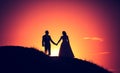 Vintage photo of wedding couple silhouettes in outdoor