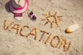 Vintage photo, Word vacation, accessories for sunbathing and passport with currencies dollar at beach Royalty Free Stock Photo