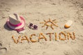 Vintage photo, Word vacation, accessories for sunbathing and passport with currencies dollar Royalty Free Stock Photo