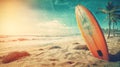 Vintage photograph look illustration of orange surf board standing in the sand on tropical beach Royalty Free Stock Photo