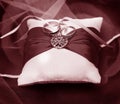 Vintage Photograph of wedding rings on white pillow with red ribbon Royalty Free Stock Photo