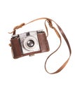 Vintage photographic machine with brown leather case and shoulder strap