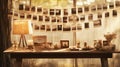 Nostalgic memories in old photos hanging near a sunlit window, a portal to the past\'s cherished moments