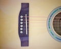 Vintage phto of acoustic guitar strings on wooden table in the room, close up top view and sunlight with empty space for you text Royalty Free Stock Photo