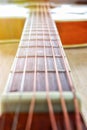 Vintage phto of acoustic guitar strings on wooden table in the room, close up top view and sunlight with empty space for you text Royalty Free Stock Photo