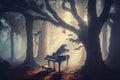 Vintage piano in fantasy forest, generative ai illustration