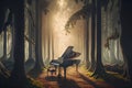 Vintage piano in fantasy forest, generative ai illustration