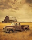 Vintage Pickup Truck in a Field with Barn in the Background Royalty Free Stock Photo