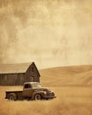 Vintage Pickup Truck in a Field with Barn in the Background Royalty Free Stock Photo