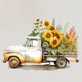 A vintage pickup truck loaded with bounty of sunflower. AI Generated Royalty Free Stock Photo