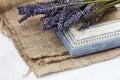 Vintage picture art frames and lavender flowers on burlap. Royalty Free Stock Photo